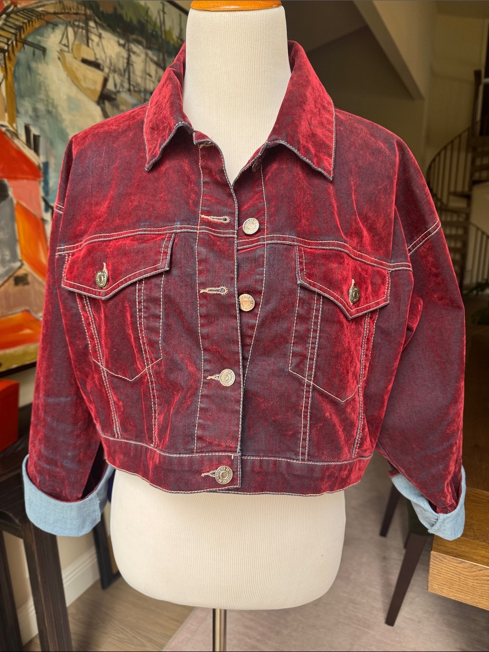 Forever 21 Cropped Red Marbled Acid Wash Denim Jacket Women’s Y2K 90s Style